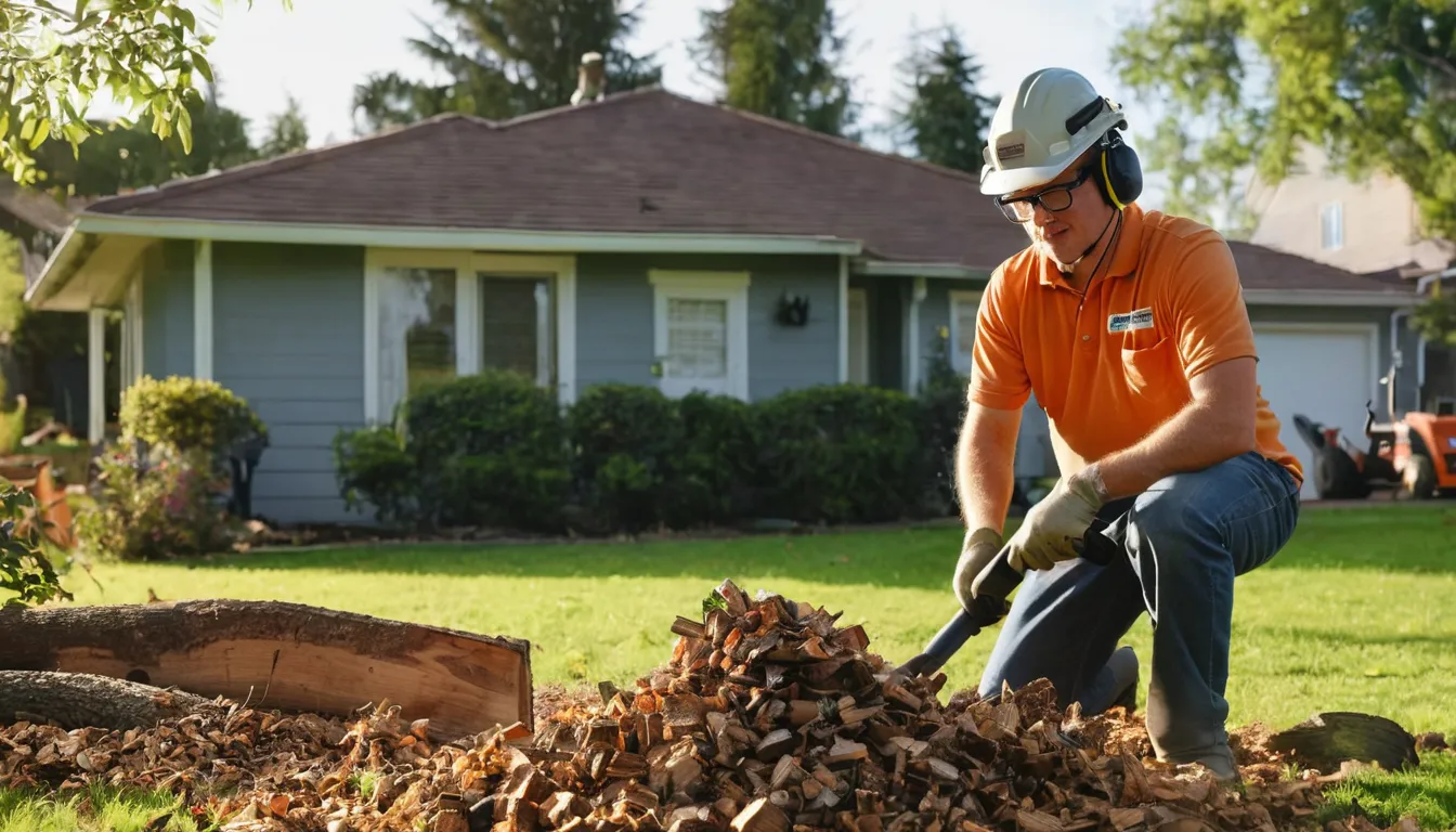 A stump grinding machine at work in a yard in Rochester Hills