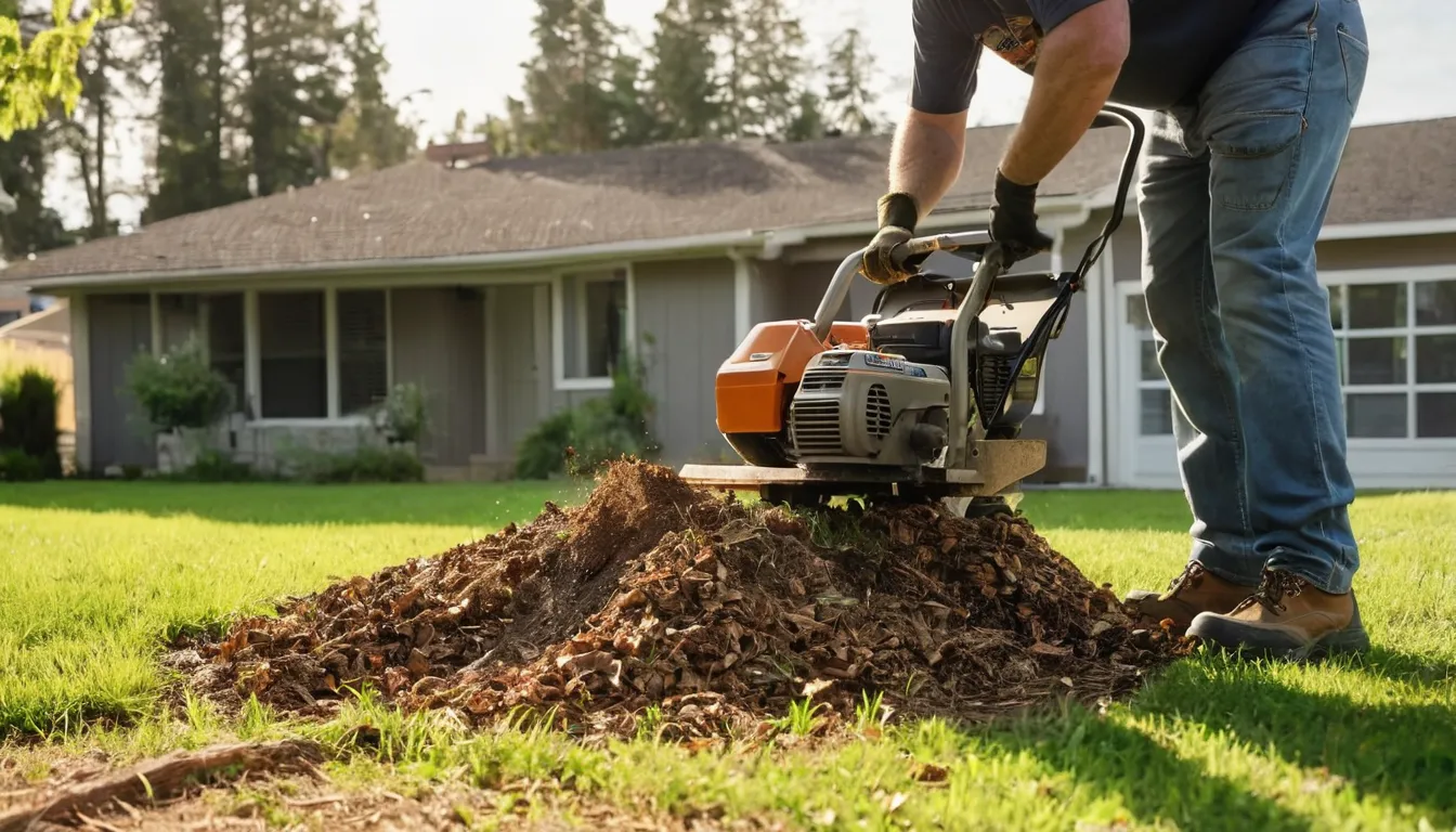 A freshly ground tree stump with wood chips in a residential yard in Rochester Hills